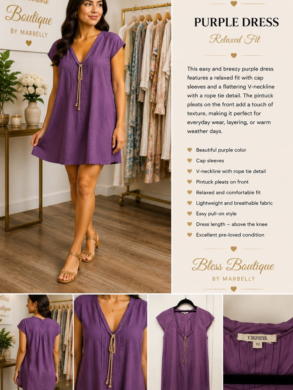 Purple Cap-Sleeve V-Neck Dress with Rope Tie